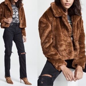 Free People Women's Mena Faux Fur Cropped Lined Jacket, Copper, Buttons, Medium
